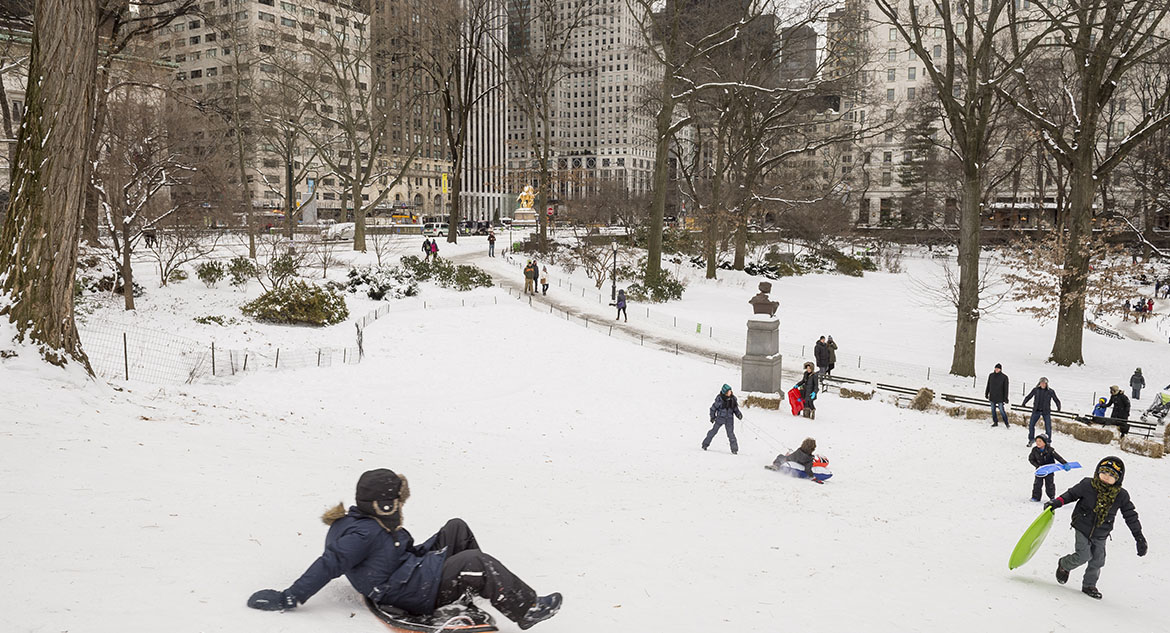 Prática de trenó de neve em Nova York