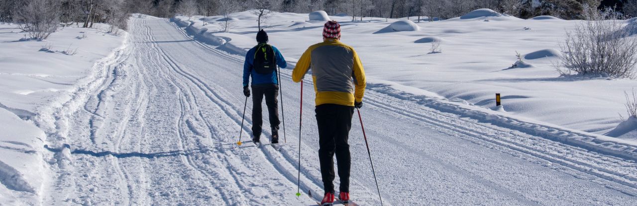 Esportistas praticando esqui nórdico