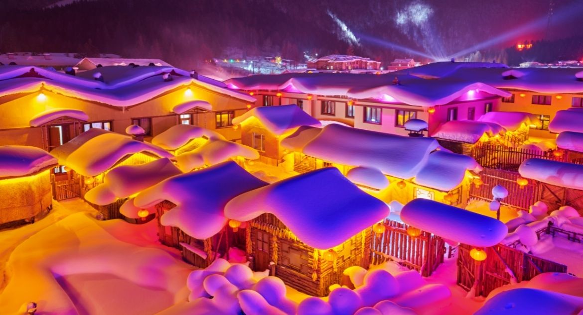 Vilarejo de China Snow Town coberto de neve